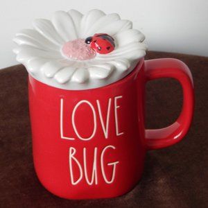 Rae Dunn LOVE BUG Ceramic Mug with Flower & Ladybug Topper Red and White NEW